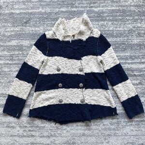 Free People Navy-Cream Frayed Trench Sweater